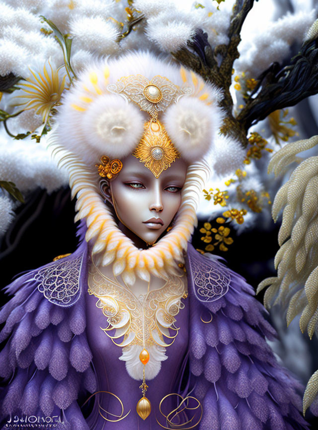 Fantasy portrait with golden facial adornments, white fur collar, purple attire, and whimsical floral