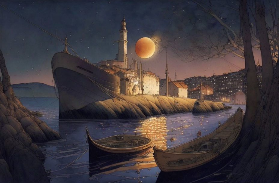 Harbor scene at dusk with boats, lighthouse, and moonlit sky