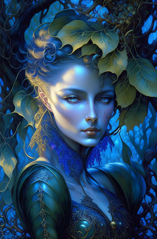 Blue-skinned woman with leafy headpiece in mystical setting