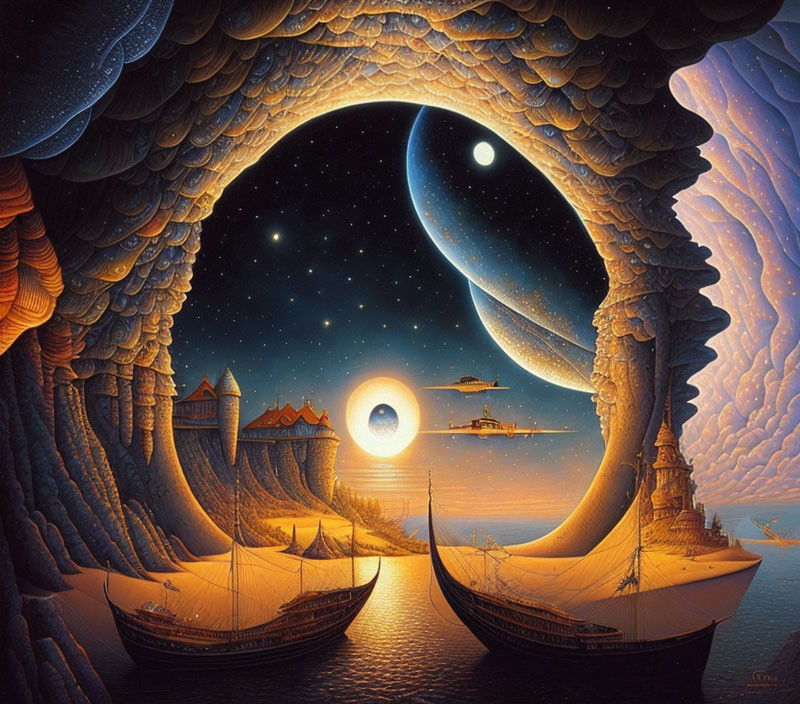 Fantasy Night Landscape with Ships, Castles, and Surreal Sky