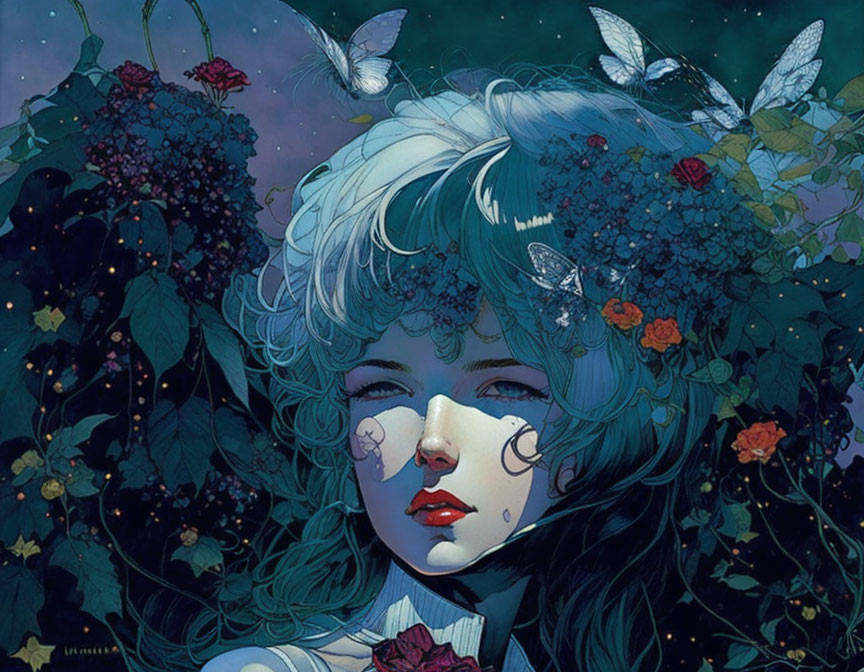 White-haired woman in night blossom and butterfly illustration.