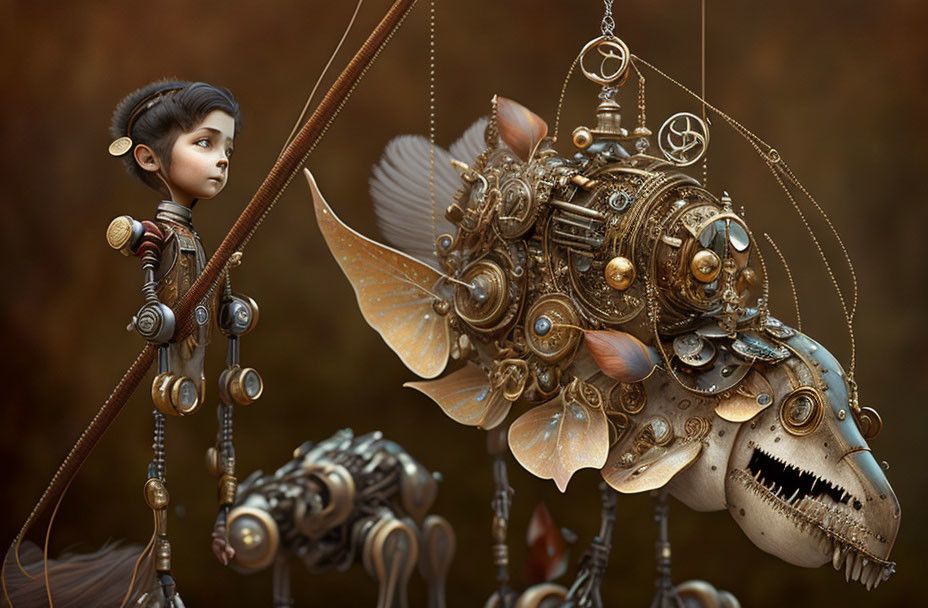 Boy with mechanical arm and steampunk fish in autumn setting