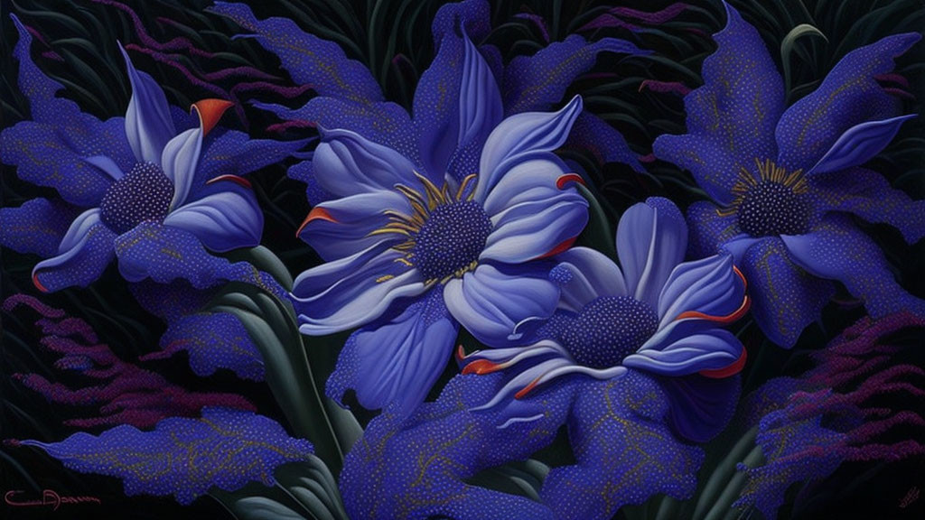 Vivid blue-purple flowers with stamen on dark leafy background