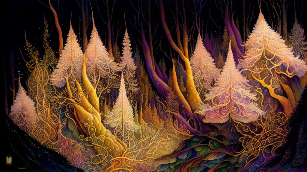 Fantasy-inspired painting of glowing, stylized trees in mystical forest