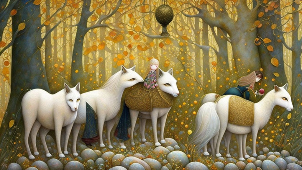 Illustration of person and child riding white horses in mystical forest