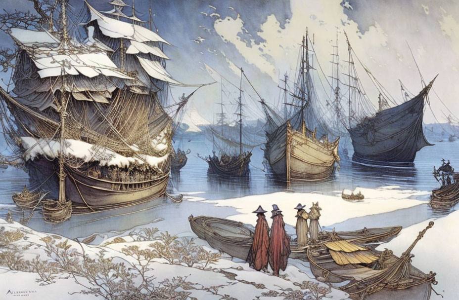 Frozen port scene with old ships and cloaked figures by icy shore