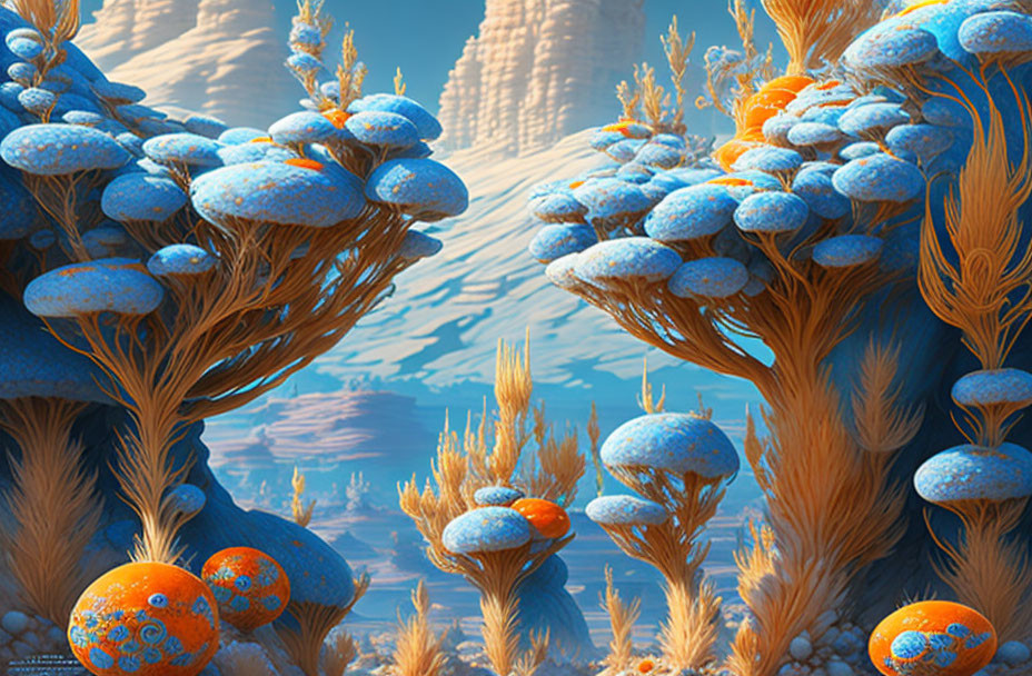 Vibrant fantasy landscape with sponge-like trees and desert hills