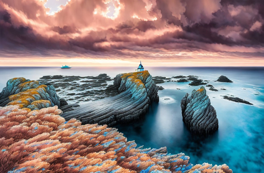 Twilight coastal seascape with lighthouse, cliffs, foliage, clouds, and ship.