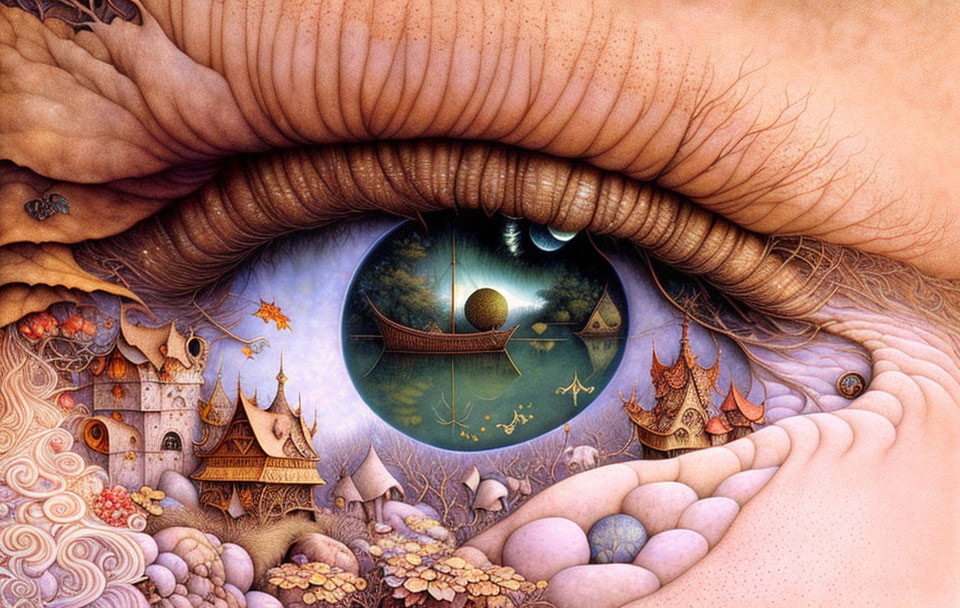 Surreal landscape in giant eye with whimsical details