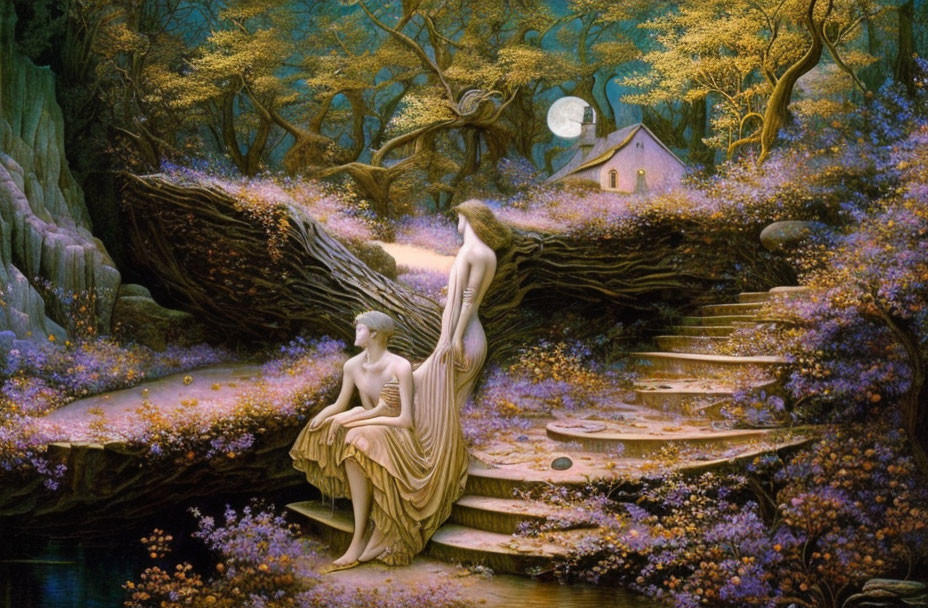 Mystical forest scene with ethereal figures, purple flowers, cottage, and full moon