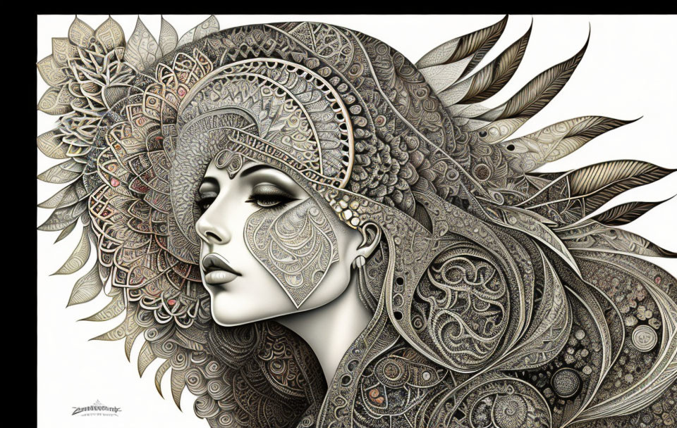 Detailed woman illustration with ornate headdress and intricate patterns.