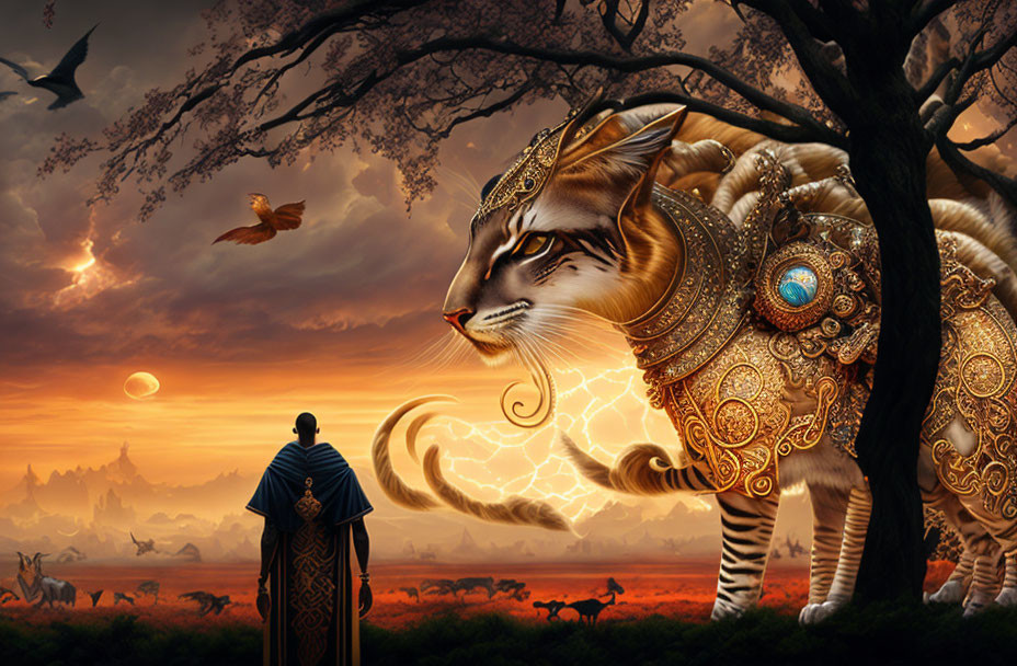 Cloaked figure gazes at giant cat in ornate armor in mystical landscape