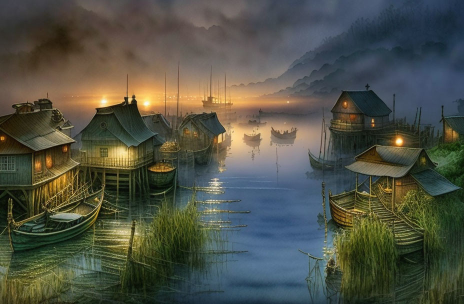 Tranquil twilight scene of stilt houses on serene lake