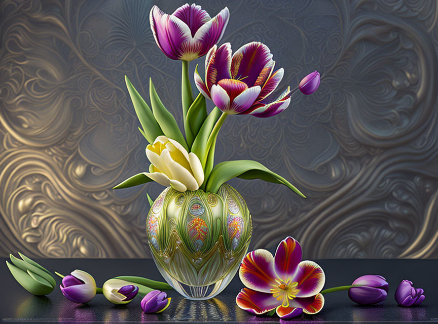 Colorful tulips in vase digital artwork with textured background