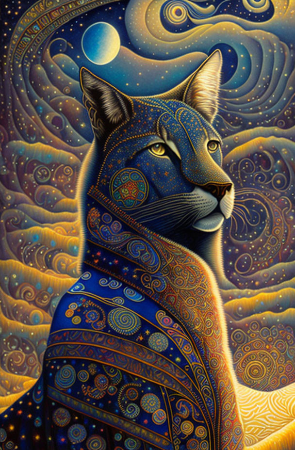 Artistic cat illustration with intricate patterns on fur against celestial backdrop