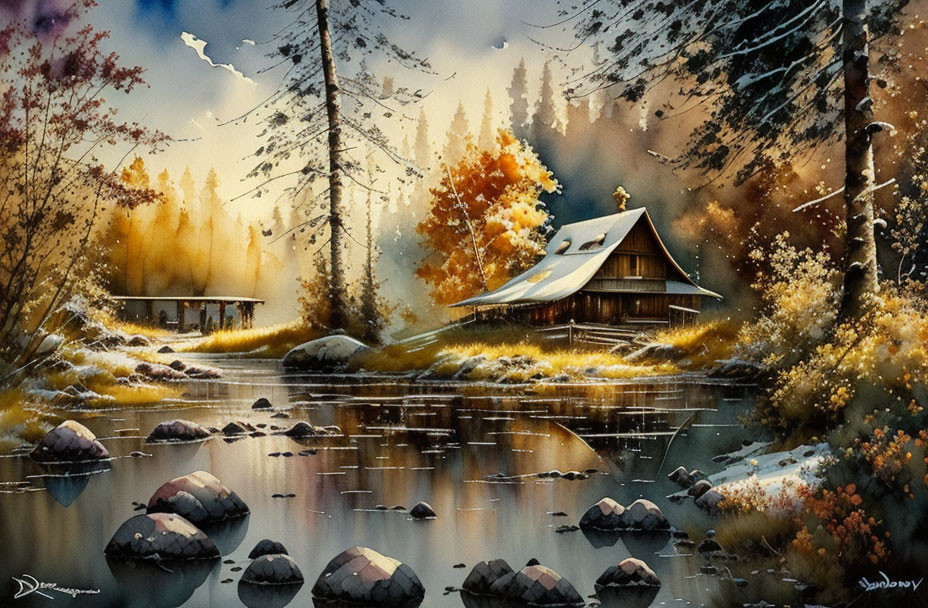 Tranquil autumn cabin by lake with colorful foliage