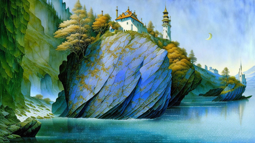 Fantasy landscape with castle on cliff under crescent moon