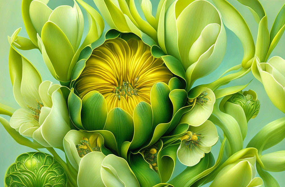 Detailed Green and Yellow Blooming Flower Illustration with Intricate Petal-like Layers