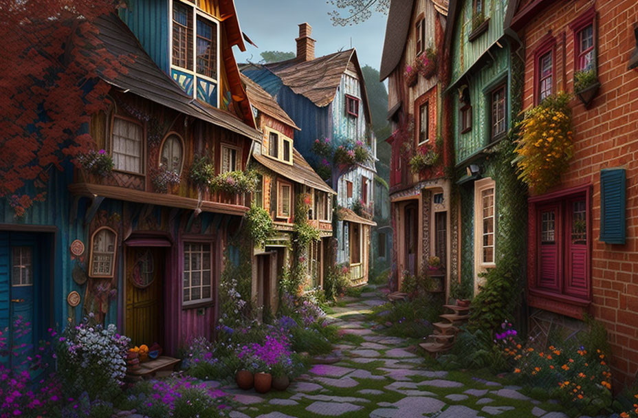 Colorful cobblestone street with quaint houses and flowers