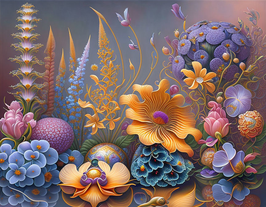 Colorful surreal floral painting with diverse flowers and rich textures