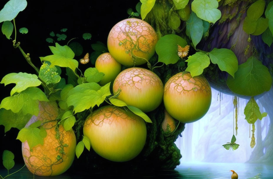 Golden patterned melons in lush landscape with waterfall & lake