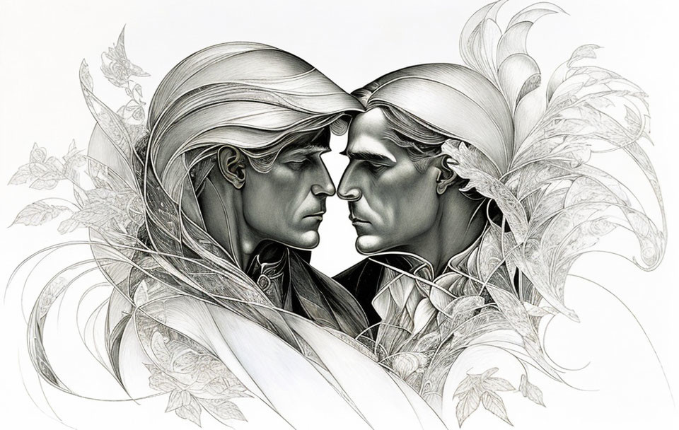 Detailed black and white illustration of two ethereal elves with intricate hair and adornments forming a heart shape