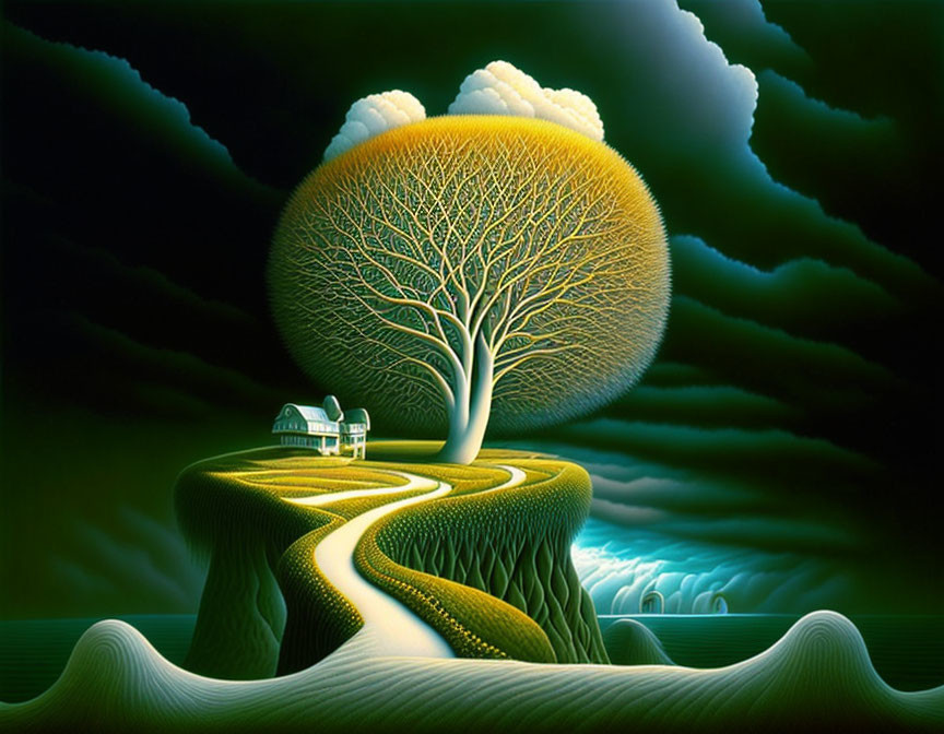 Vibrant surreal artwork: luminous tree on hill path with small house