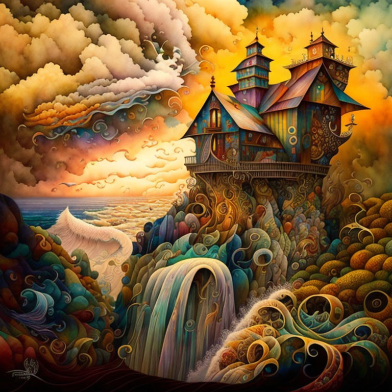 Whimsical painting of multi-tiered castle on vibrant hills with waterfall and colorful sunset sky