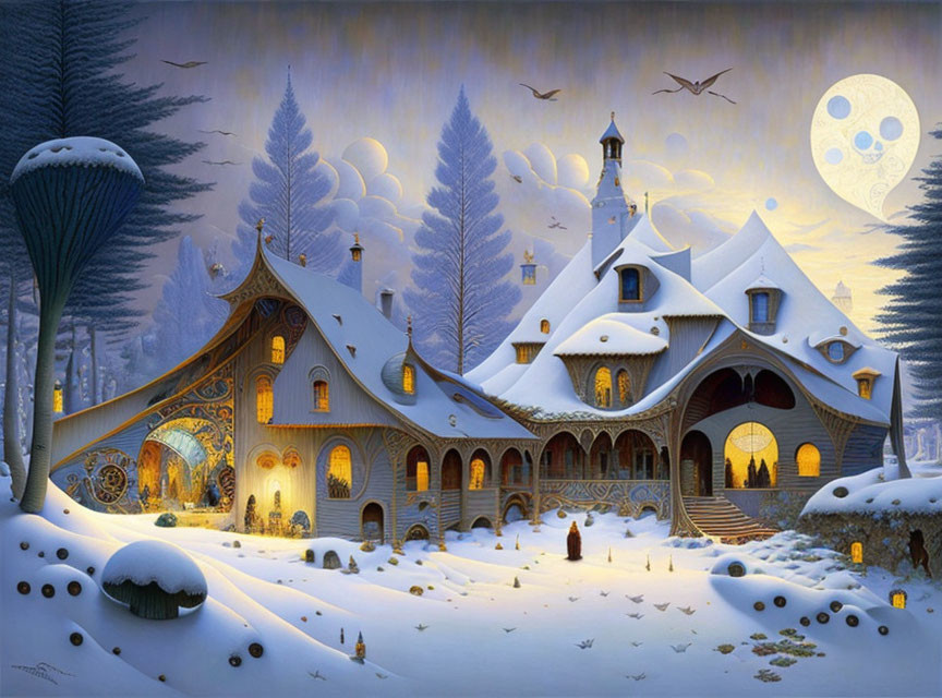 Whimsical snow-covered cottage in moonlit winter forest