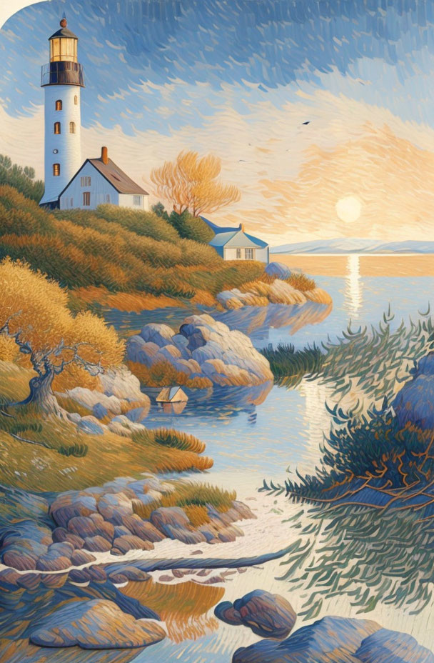 Tranquil sunset scene with lighthouse, rocks, vegetation, and birds