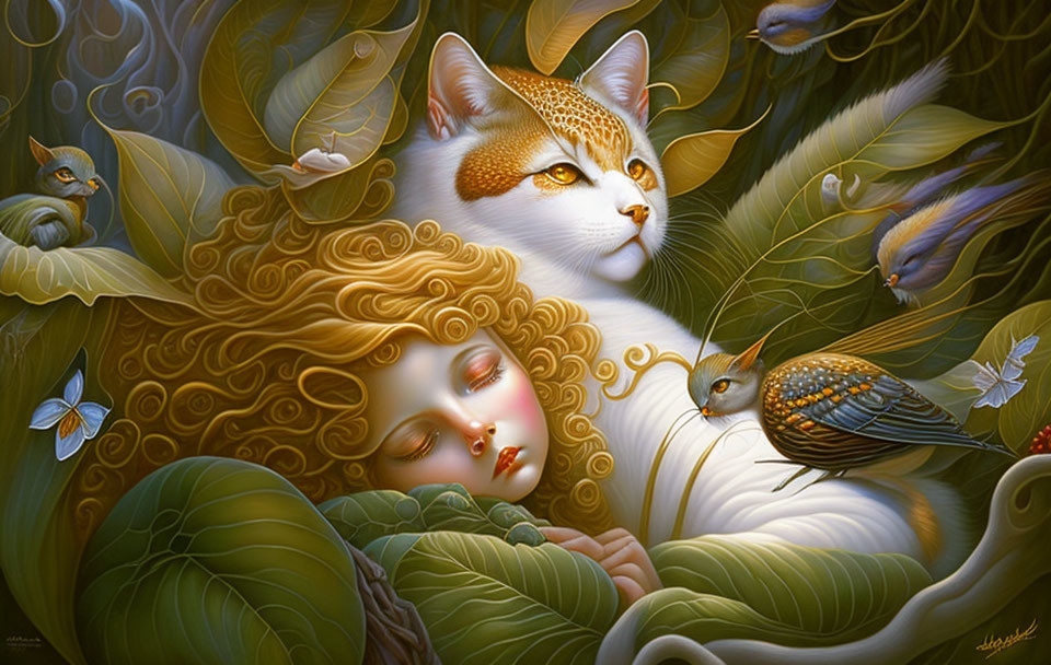 Fantastical painting of serene girl with golden curls and majestic cat in vibrant nature.