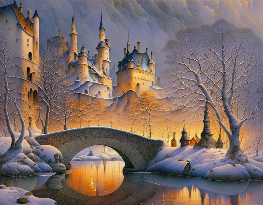 Stately castle in winter twilight with stone bridge