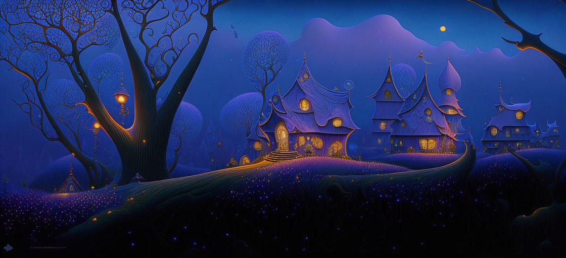 Stylized nighttime landscape with luminous trees and warm-lit hobbit-like houses