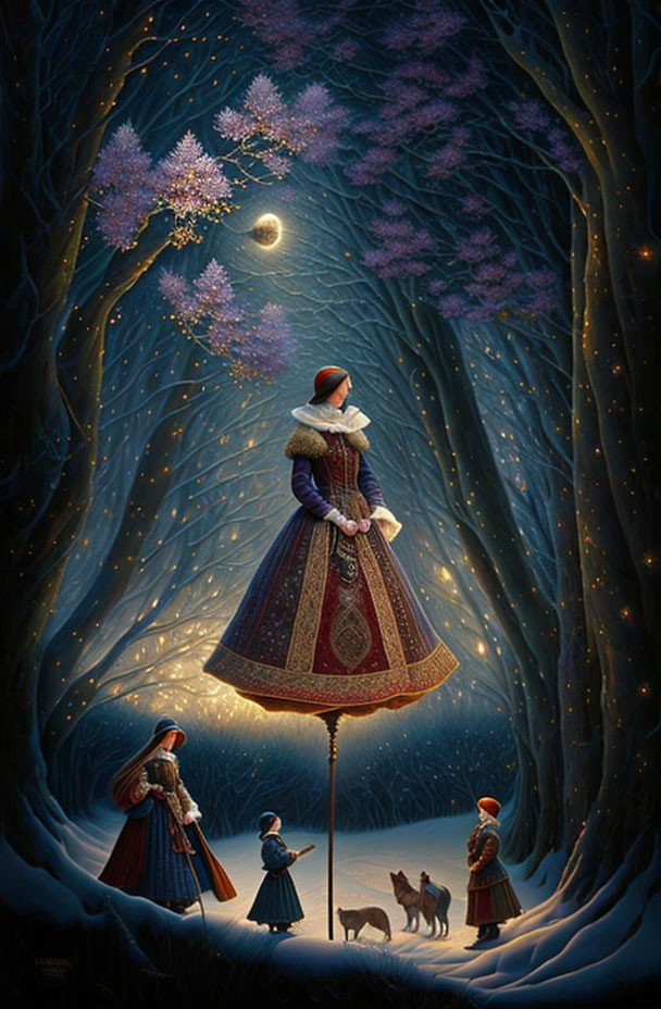 Woman in flowing dress with children and dogs under crescent moon in snowy forest