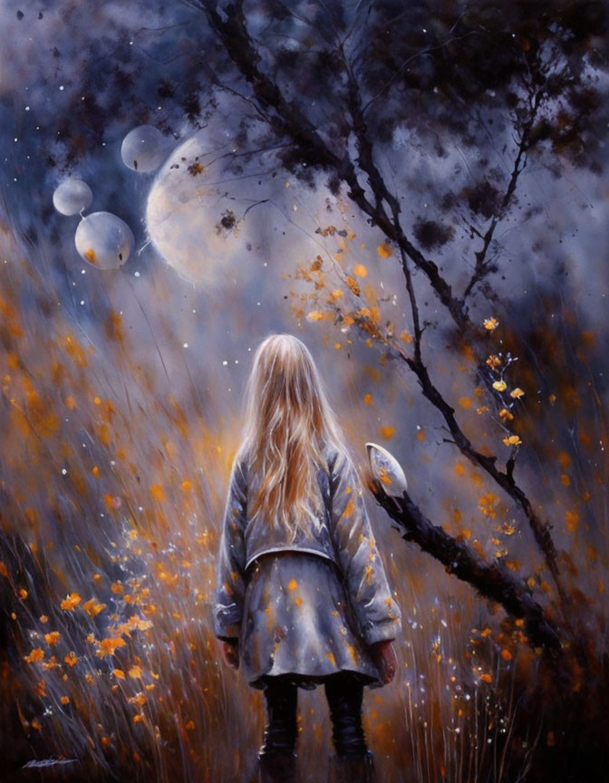 Blonde girl in mystical field under moon and planets