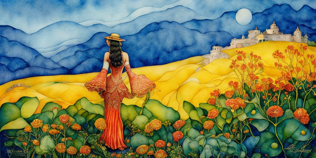 Woman in Red Dress in Flower Field with Castle and Moonlit Sky