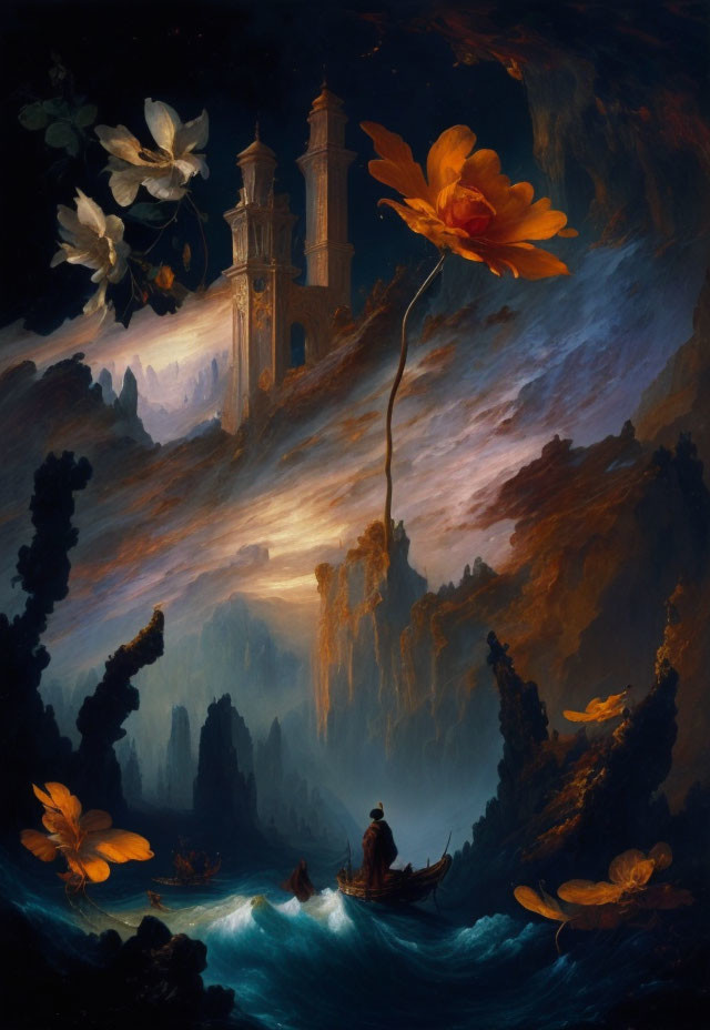 Surreal nocturnal painting with oversized flowers and misty river