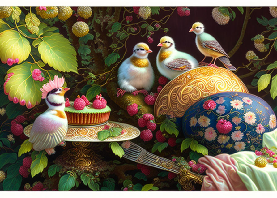 Colorful Birds Perched Among Fruits and Ornate Objects in Lush Setting