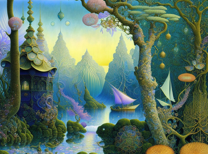 Fantasy landscape with ornate trees, exotic plants, twilight sky, distant palaces, sailboats