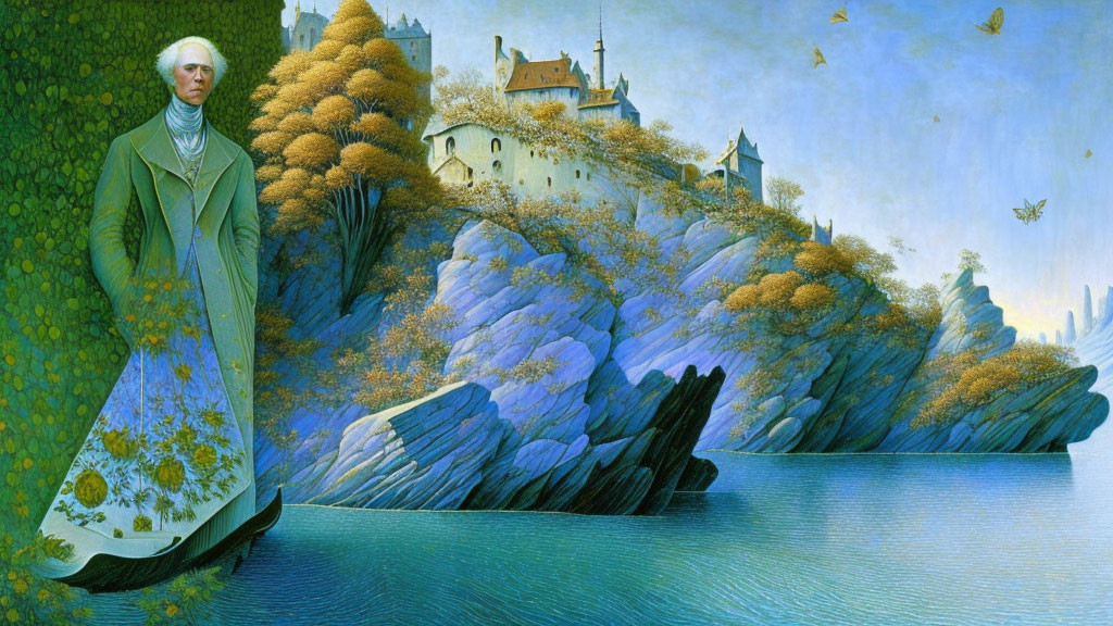 18th-Century Man in Fantasy Landscape with Castle and Autumn Trees