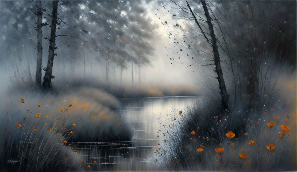 Ethereal landscape painting with birch trees, lake, and orange flowers