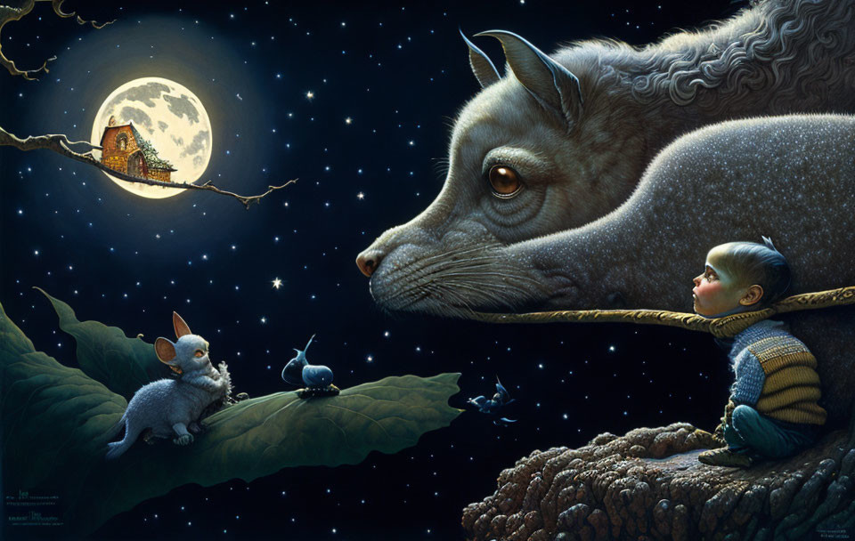 Boy and creatures on leaf under starry sky with large dog-like being and moonlit house