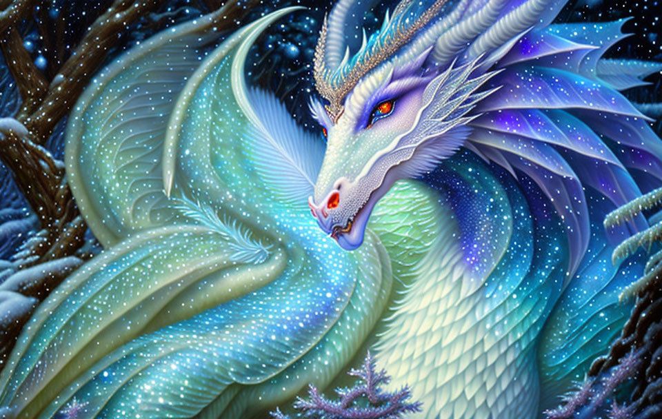 Iridescent dragon with purple eyes in celestial forest