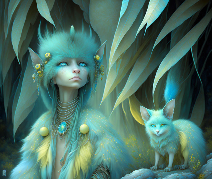 Blue-Haired Humanoid Creature with Feline Features and Fox Companion in Fantasy Illustration