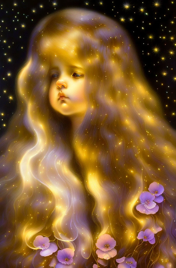 Illustration: Girl with Long Golden Hair and Flowers in Starry Night Sky
