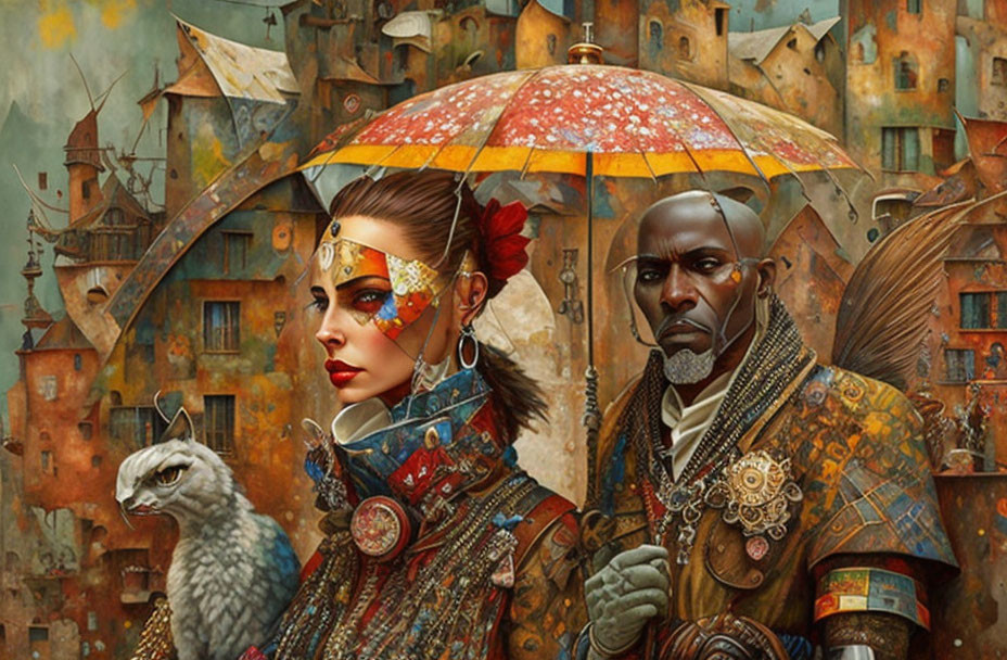 Steampunk-dressed duo with colorful umbrella and owl in whimsical cityscape