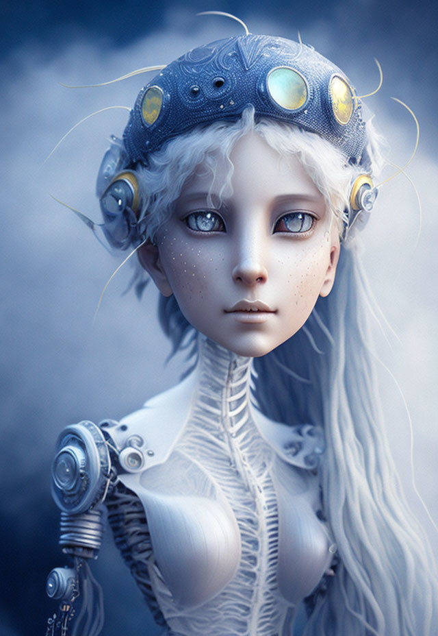 Portrait of female humanoid robot with white hair, freckled skin, and blue glowing headpiece