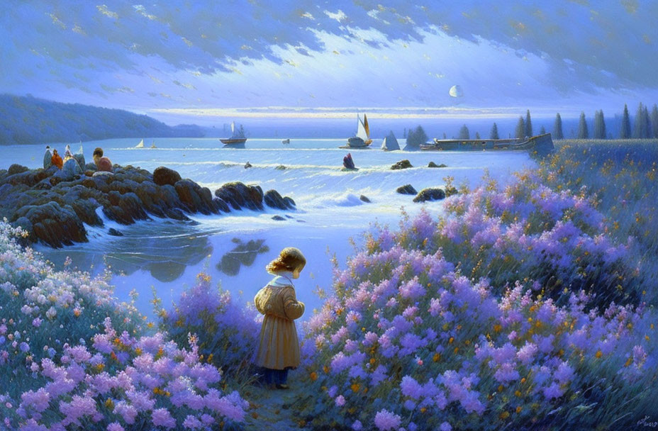 Tranquil seascape at dusk with child, flowers, sailboats, pastel sky