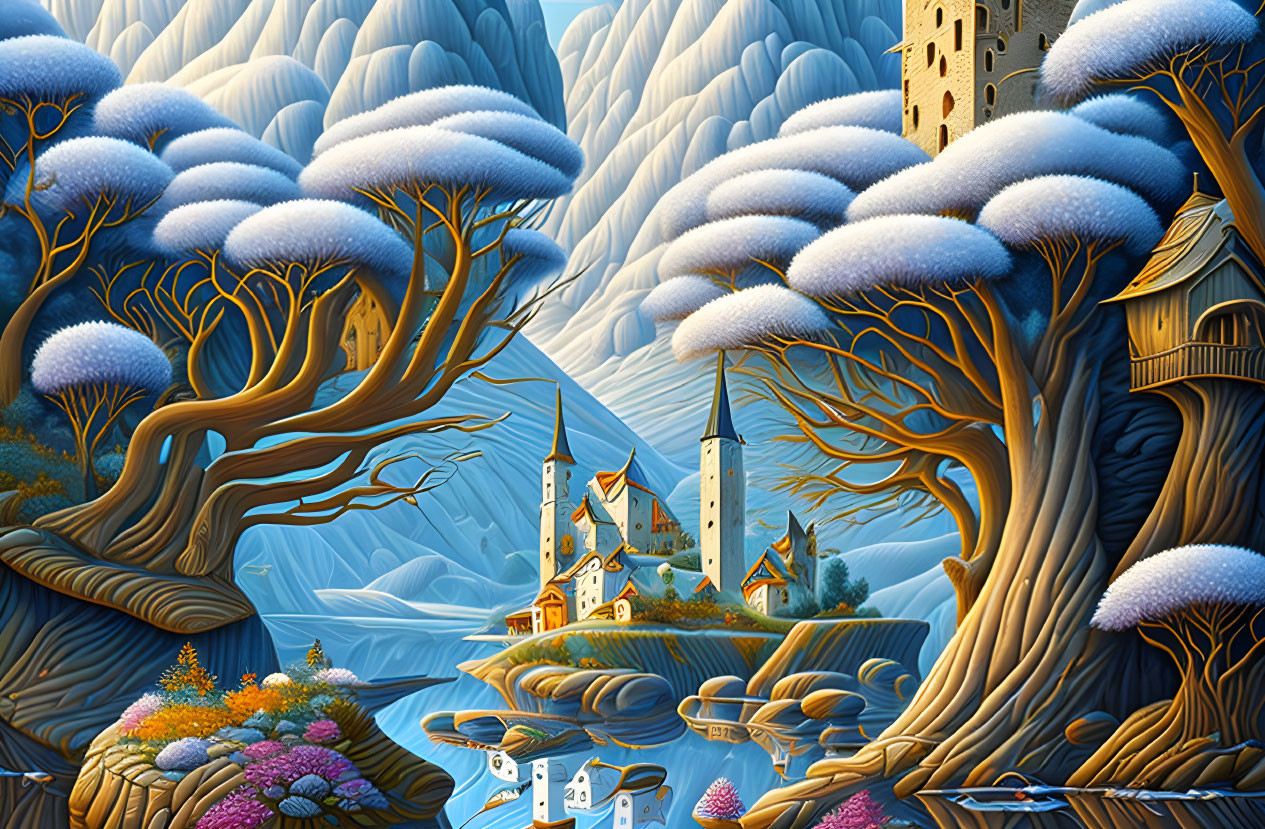 Whimsical landscape featuring stylized trees, snowy caps, and fanciful buildings