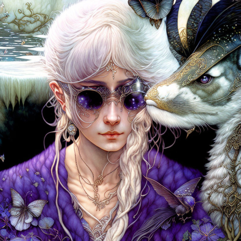 Fantasy portrait of person with white hair and purple sunglasses with mystical wolf and butterflies.